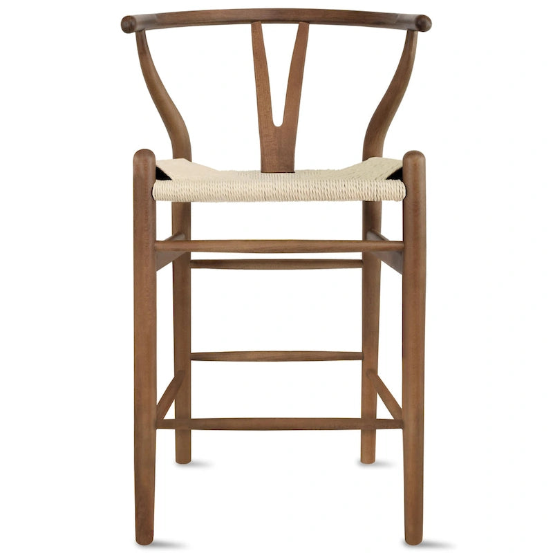 Solid Wood Countertop Height Barstool with Open Y Back, Farmhouse Woven Seat