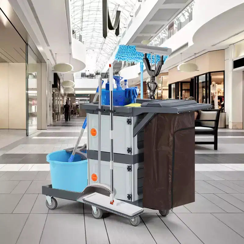 Commercial Janitorial Cart, 3-Shelf Housekeeping Cart with Storage Cabinets and Laundry Bag