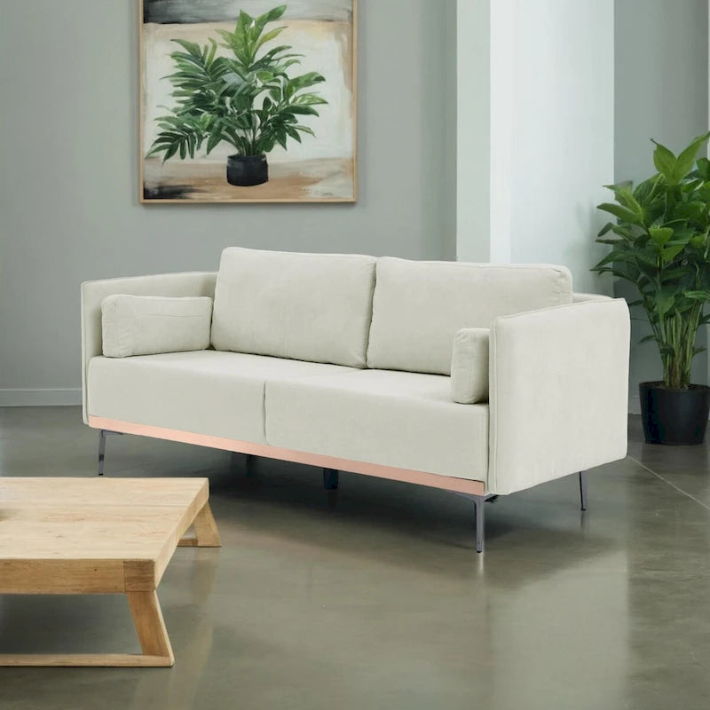 3-Seat Linen Sofa – Grey / Beige / Orange, Modern Minimalist, Metal Legs & Steel Trim, Seats 3