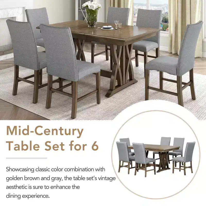 7 PCS Extendable Dining Set for 6, Dining Table Set with 6 Upholstered Dining Chairs, Mid-Century Style, Golden Brown+Gray-ModernLuxe