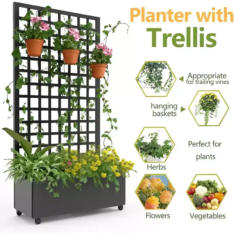Metal Raised Garden Bed with Trellis and Wheels,Planter Box for Climbing Plants,Vegetables,with Square Lattice Trellis,Drainage Holes & Privacy Screen