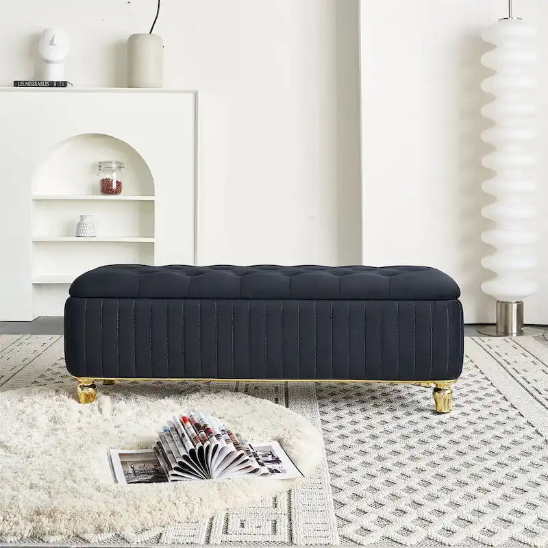 Rectangle Storage Ottoman Bench – Green / Black / Beige, Tufted Velvet, Modern Style, Seats 1–2