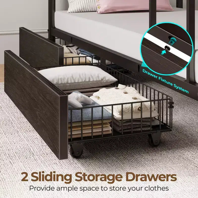 Metal Bunk Bed with Storage Drawers, Charging Station and LED Light - Safety Guardrail & Ladders