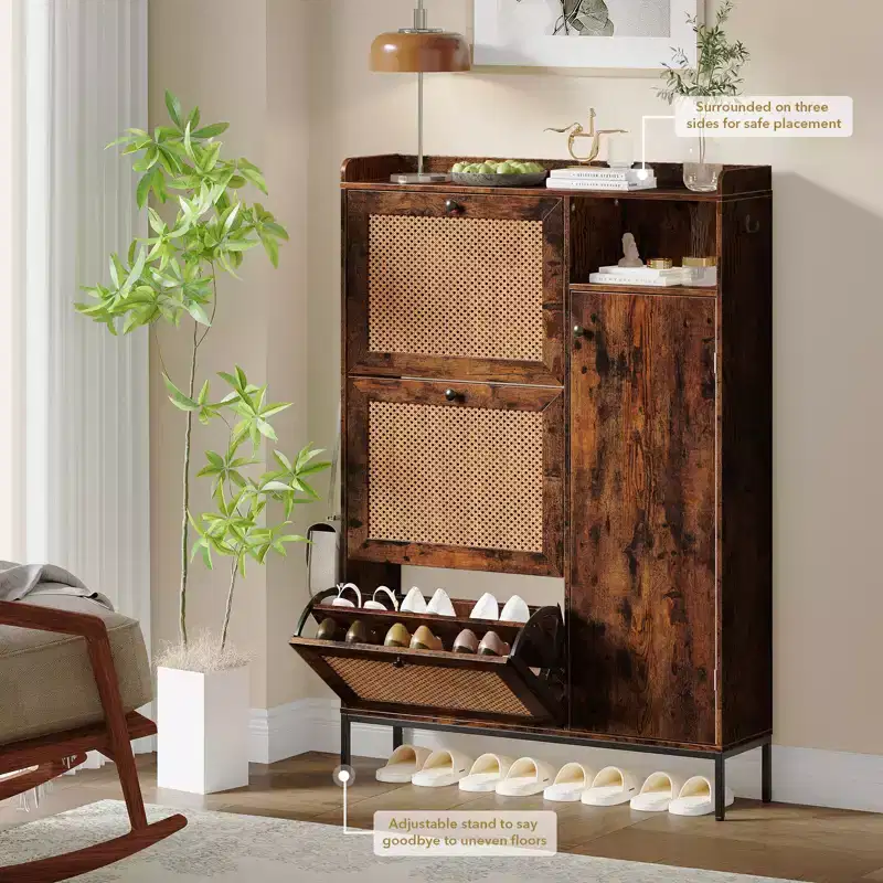 CuisinSmart 3 Tier Free Standing Shoe Cabinet with Natural Rattan, Shoe Organizer with Adjustable Shelves, Narrow Shoe Rack for Hallway, Retro