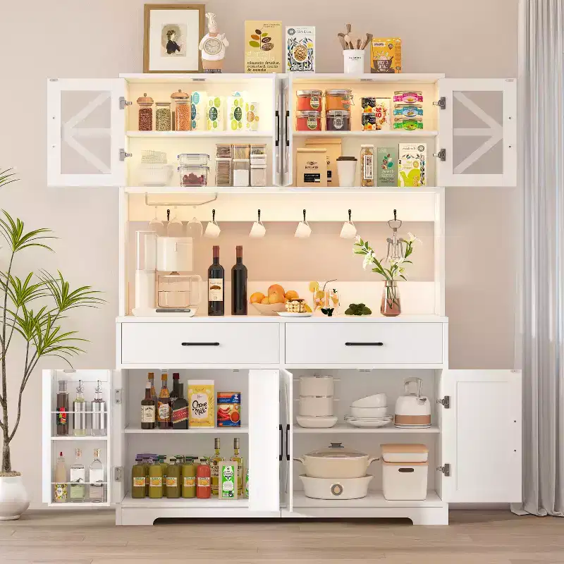 Dyonery white minimalist food storage cabinet, with glass cabinet doors, features 8 spacious storage zones and 2 drawers.