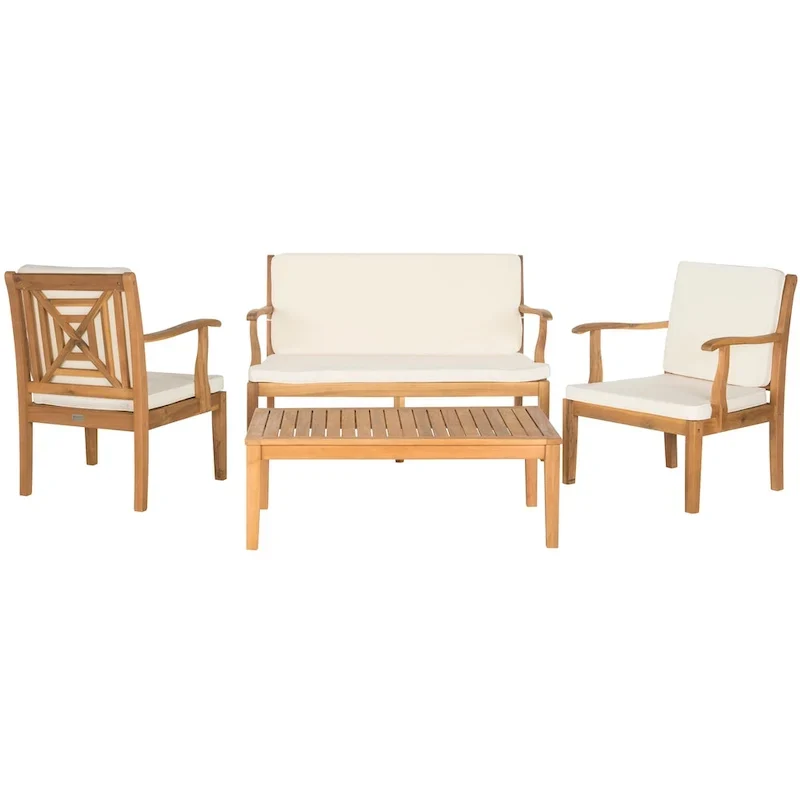 SAFAVIEH Outdoor Living Del Mar Brown Acacia Wood 4-piece Beige Cushion Patio Set - 48W x 25D x 32H