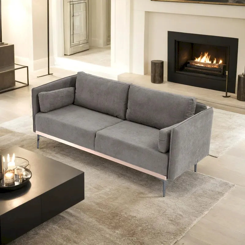 3-Seat Linen Sofa – Grey / Beige / Orange, Modern Minimalist, Metal Legs & Steel Trim, Seats 3
