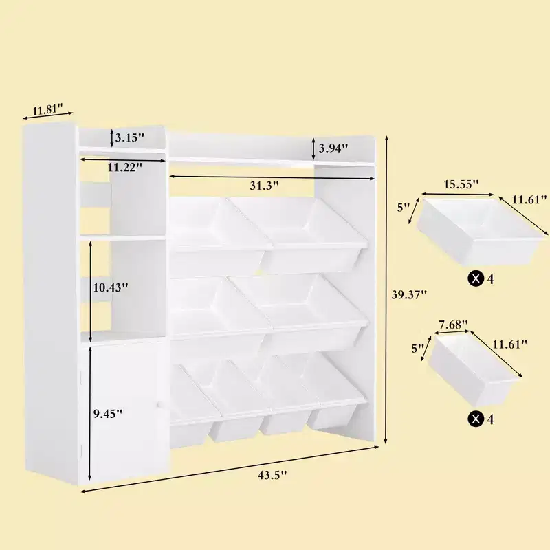 Kids Toy Organizer with 8 Removable Bins, Large Toy Box & Bookshelf Combo for Bedroom, Nursery, Classroom for Toys Books