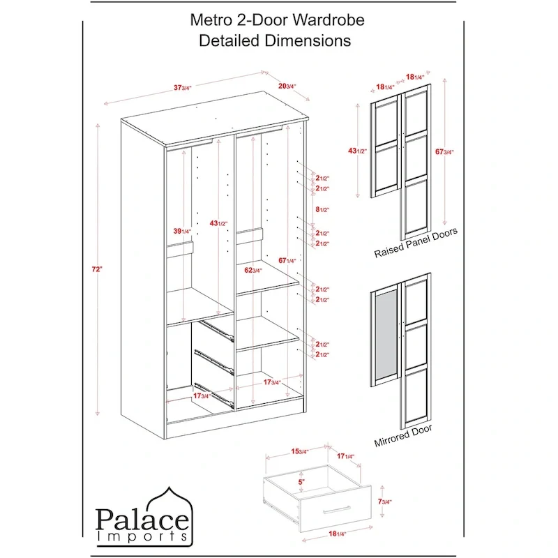 100% Solid Wood Metro Wardrobe Armoire – Solid Wood or Mirrored Doors, Multiple Finishes
