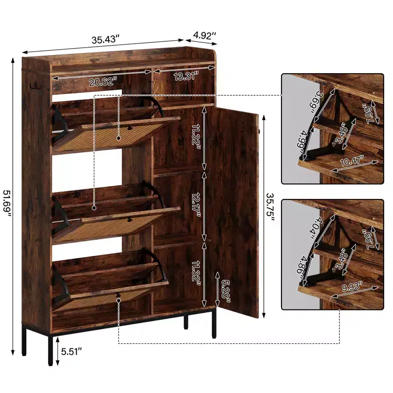 CuisinSmart 3 Tier Free Standing Shoe Cabinet with Natural Rattan, Shoe Organizer with Adjustable Shelves, Narrow Shoe Rack for Hallway, Retro