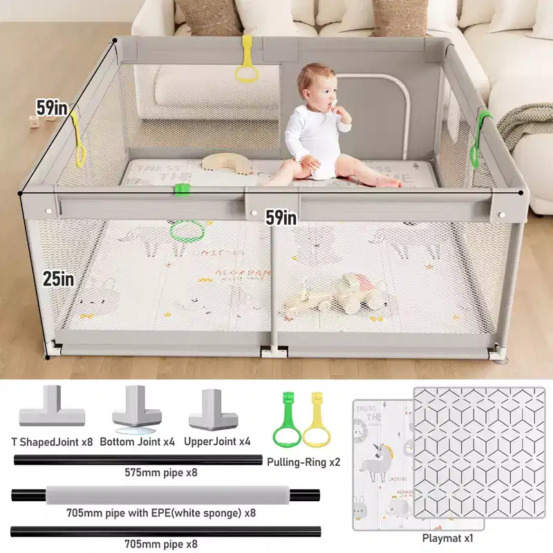 Baby Playpen with Mat 59 x 59 In, Indoor & Outdoor Activity Center, Safety Baby Fence