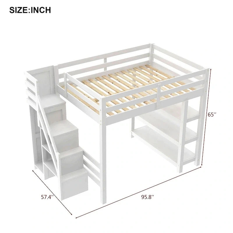 Full/Twin Loft Bed with Storage Stairs - Shelves, Wardrobe & LED Light, Space-Saving Design