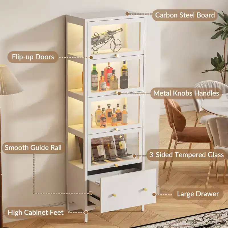 Bekrvio 67 Glass Doors Display Cabinet with Drawer & 13-Color RGB LED Lights, 5-Tier Metal Curio Cabinet for Collectibles, Figure, Toys, Books