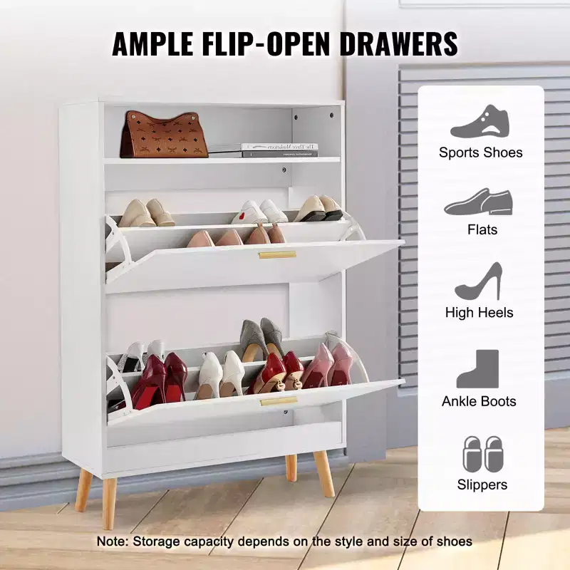 Shoe Cabinet with 2 Flip Drawers, Free Standing Shoe Storage Organizer for Entryway with Top Storage Cubby, White