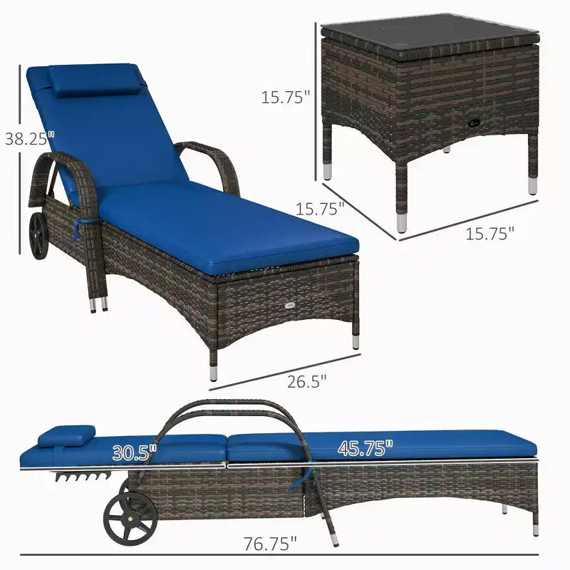 Patio Wicker Chaise Lounge Chair Set of 2 with Table, Adjustable Backrest, Wheels, Cushion & Headrest
