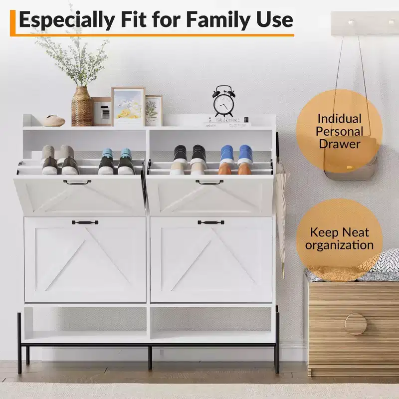 Shoe Cabinet with 4 Flip-Up Drawers Hidden Shoe Storage Cabinet with Open Storage for Entryway Hallway Bedroom Shoe Organizer Cabinet