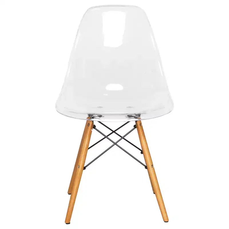 LeisureMod Dover 3-Piece Dining Set  31 Round Clear Glass Bistro Table with 2 Acrylic Chairs with Wooden Dowel Legs, Modern Kitchen, Dining Room