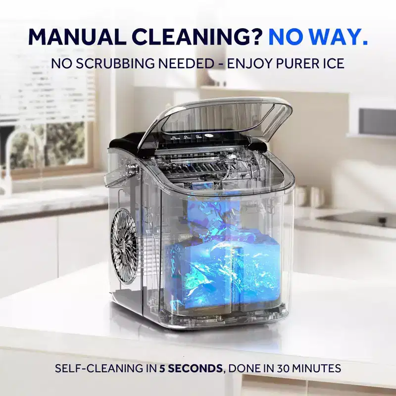 Portable Ice Maker,Countertop Model,Self-Cleaning,26.5lbs/24Hrs,6 Mins/9 Pcs Bullet Ice,Includes Ice Scoop and Basket