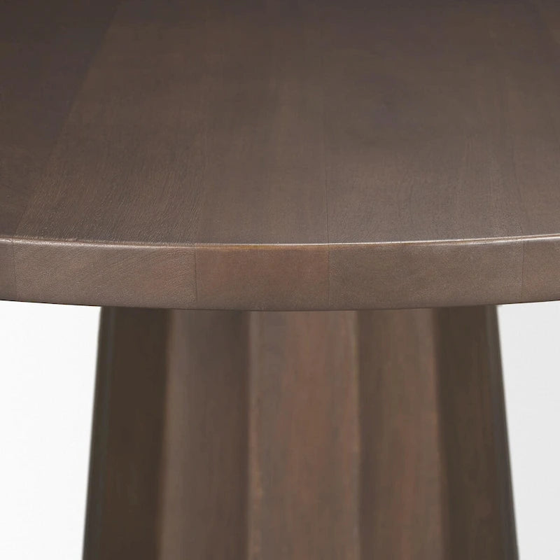 60-Inch Round Pedestal Dining Table – Dark Brown, Solid Mango Wood, Scalloped Base, Matte Black Iron Neck, Classic Style