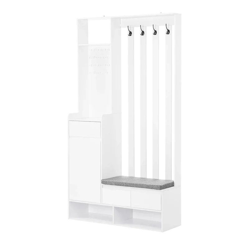 39.3Wx70.8H Hall Tree Storage with Cushioned Storage Bench,Multifunctional Hallway Shoe Cabinet,Pegboard,Coat Rack,4 Hooks