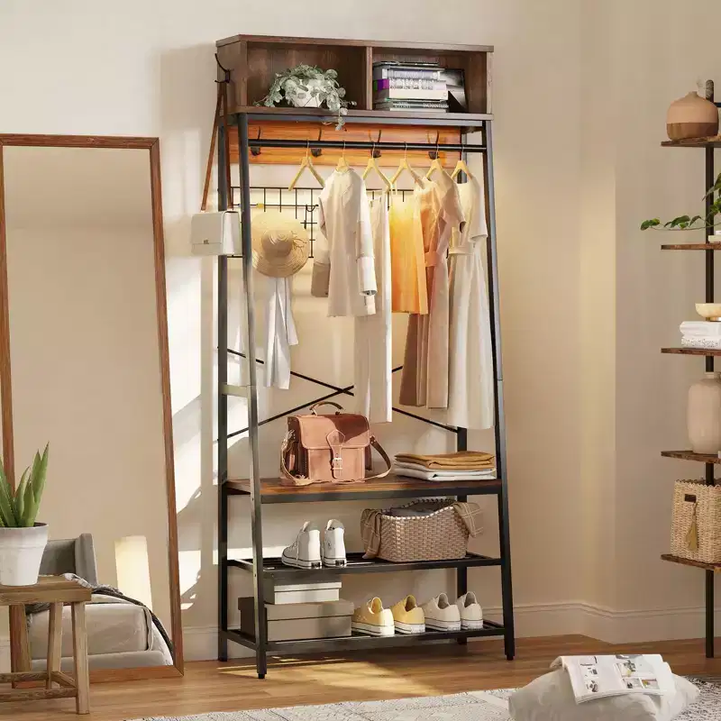 Bestier Coat Rack with Shoe Storage Bench, 70 Hall Tree with Shelves, Clothes Hanger Stand for Jackets & Cats, 5-in-1 Entryway Organizer with Hooks
