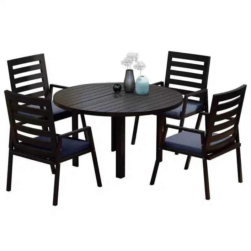 LeisureMod Chelsea 5-Piece Patio Dining Set, 48 Round Aluminum Dining Table and 4 Dining Armchair