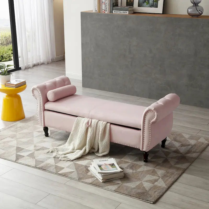 Upholstered Storage Ottoman Bench – Brown / Beige / Blue / Black / Grey / Pink, Velvet, Rolled Arms, Seats 2