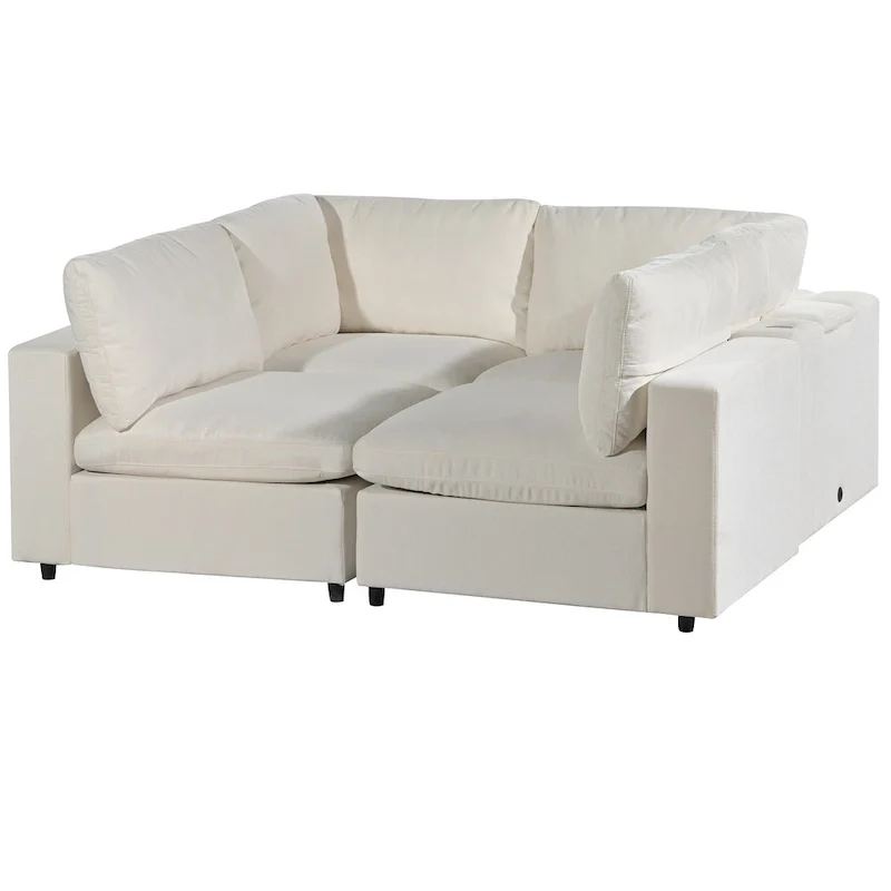 Beige Upholstered 4-Seater Modular Sectional Sofa with Wireless Charging