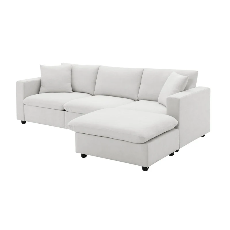 White L-Shaped Sectional Sofa with Ottoman, Seats 5