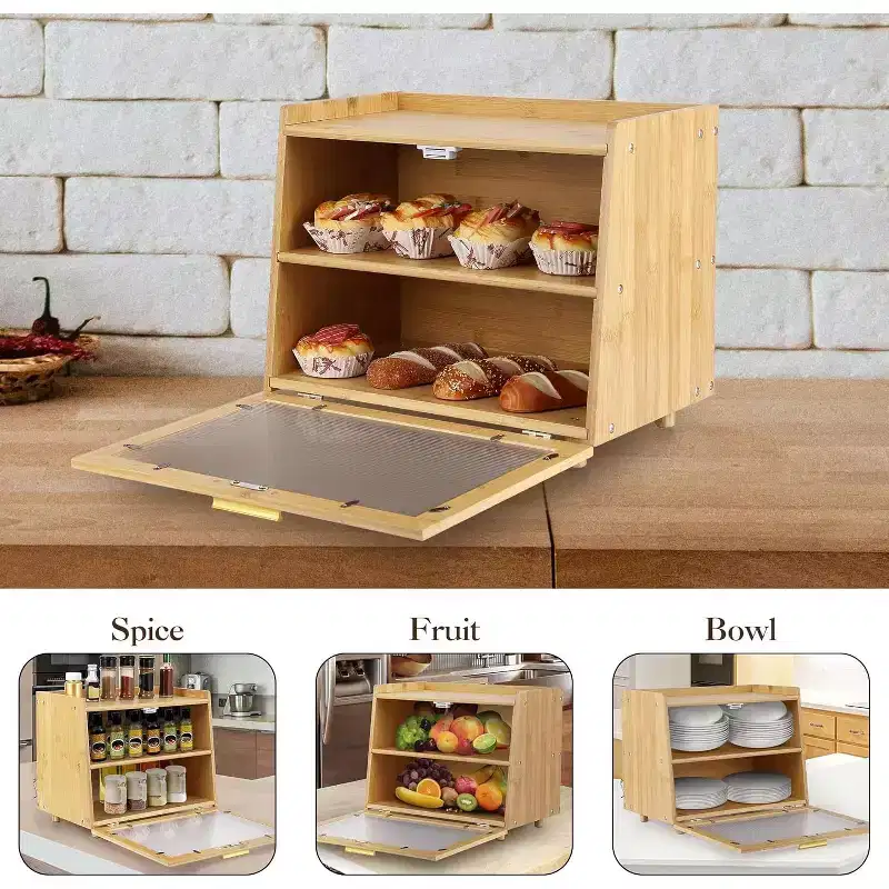 2-Layer Bamboo Bread Box with Acrylic Door, Bread Storage Container for Kitchen Countertop, Organizing Baguettes, Pastries & Baked Goods