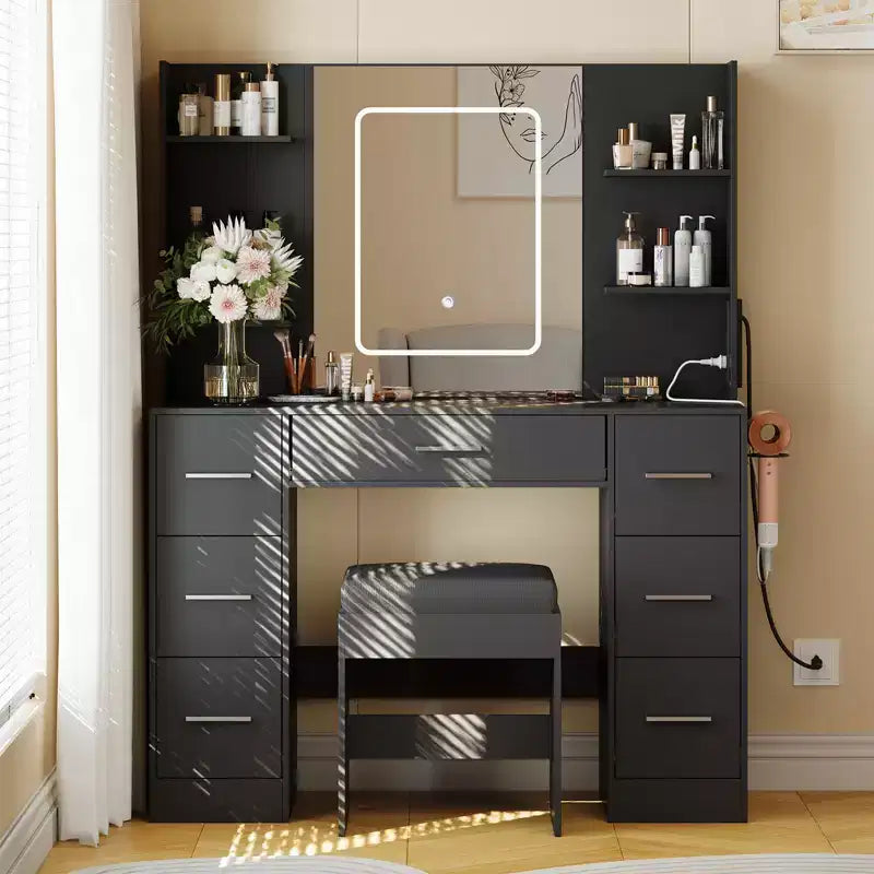 Makeup Vanity with Mirror and Chair, Hair Dryer Rack, 7 Drawers, 3 Lighting Modes Adjustable