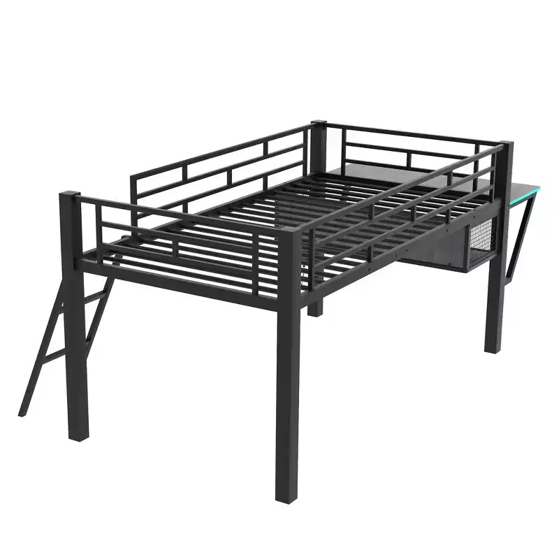 Twin Gaming Loft Bed with Desk & LED Lights, Black Metal Mid Loft Bed with Storage for Kids Teens, eSports-Inspired Design