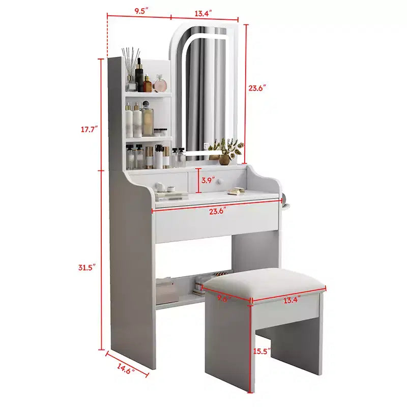 Vanity Desk with Mirror and Light , Makeup Vanity Table with Hair Dryer Holder, Dressing Table Make Up Desk with Chair and 3 Drawers