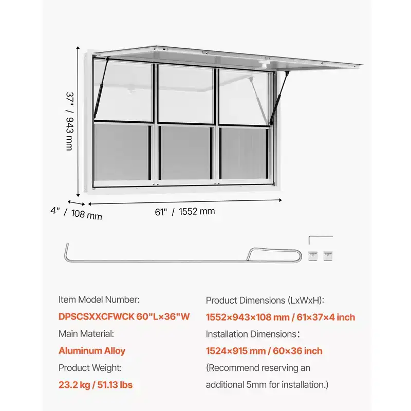 VEVOR Concession Window 60x36 in, Aluminum Alloy Service Window for Food Truck, Up to 85 Degrees Stand Serving Window with 6 Sliding Windows, White