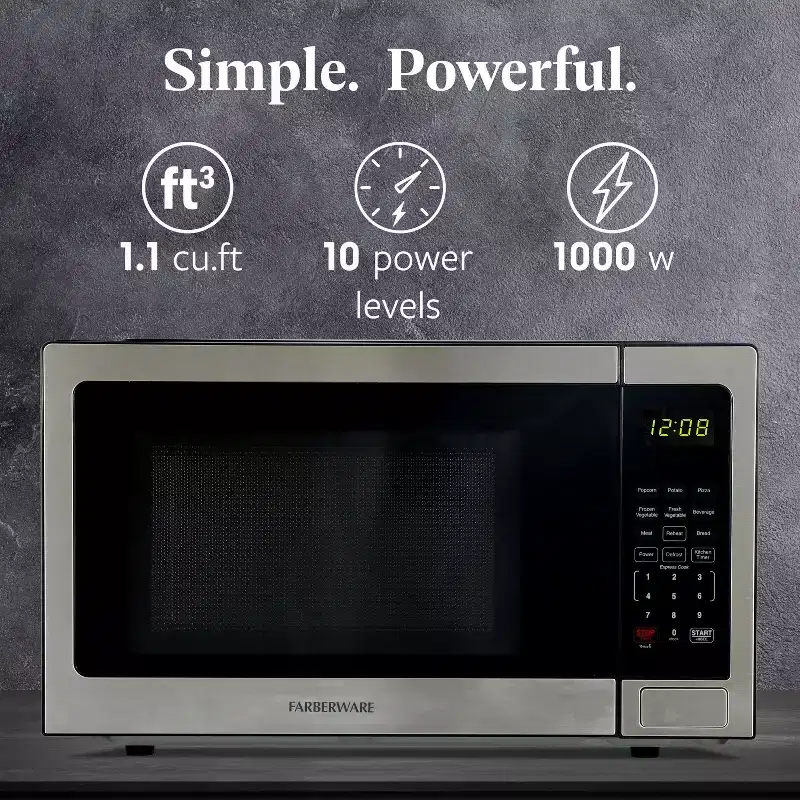 Farberware 1.1 Cu. Ft. Countertop Microwave Oven  1000W Power, Auto Cook Settings, Defrost, and Safety Lock