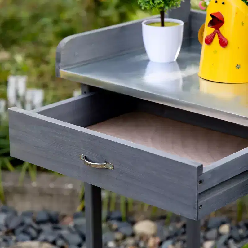 Whisen Patio Wooden Potting Bench, Outdoor Garden Work Station Table with Storage Cabinet, Open Shelf and Steel Tabletop - Gray
