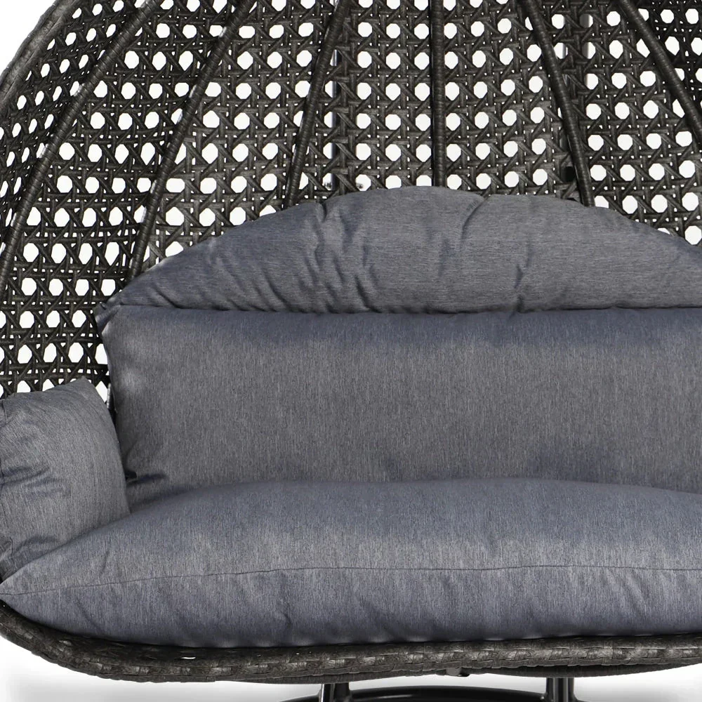 LeisureMod 2 Person Hanging Egg Chair with Stand - Outdoor/Indoor Rattan Wicker Patio Swing Hammock Lounger with Cushions