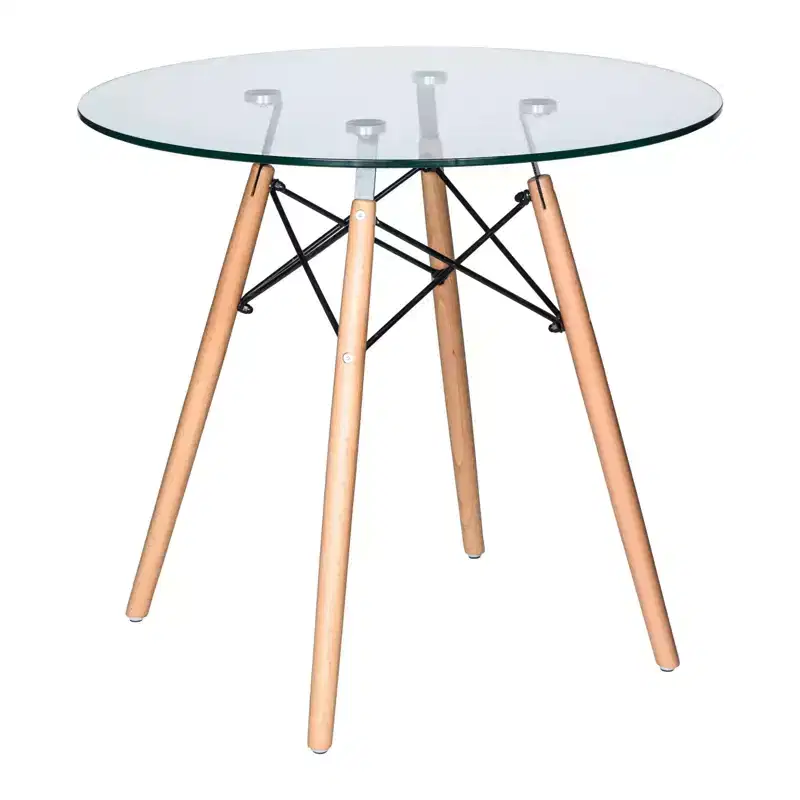 LeisureMod Dover 3-Piece Dining Set  31 Round Clear Glass Bistro Table with 2 Acrylic Chairs with Wooden Dowel Legs, Modern Kitchen, Dining Room