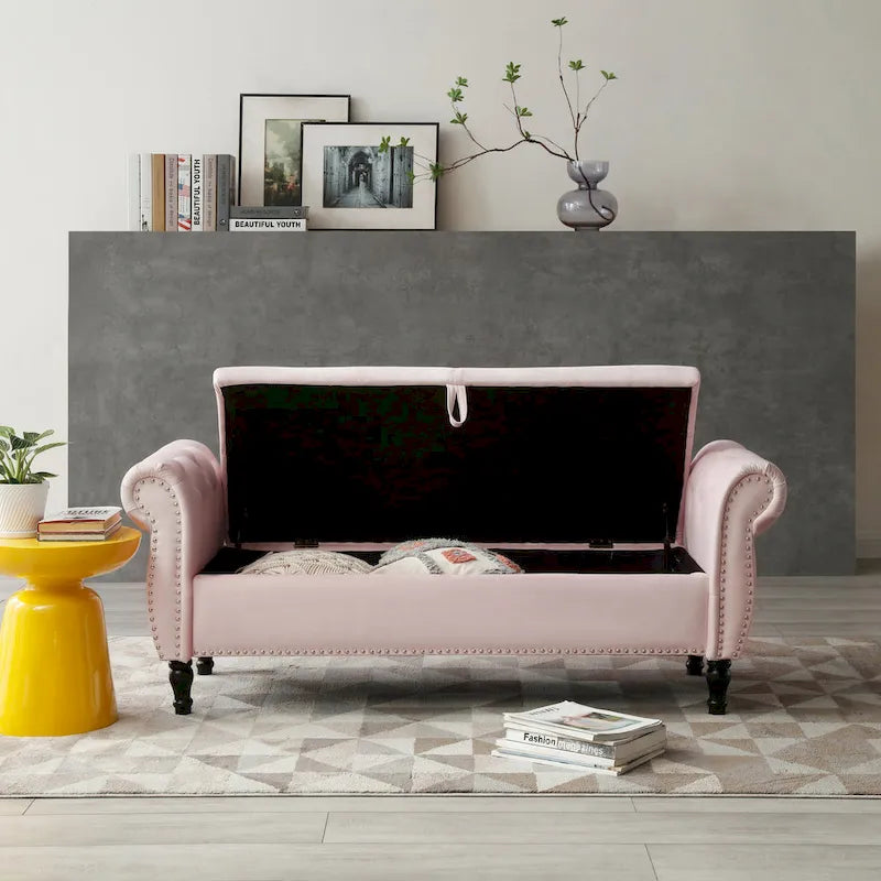 Upholstered Storage Ottoman Bench – Brown / Beige / Blue / Black / Grey / Pink, Velvet, Rolled Arms, Seats 2