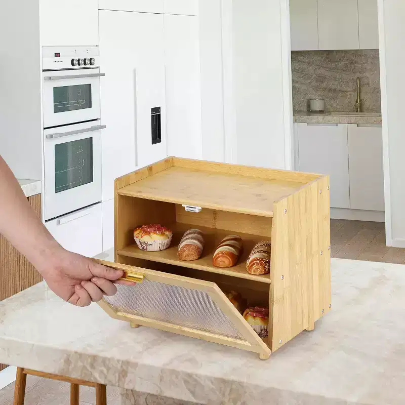 2-Layer Bamboo Bread Box with Acrylic Door, Bread Storage Container for Kitchen Countertop, Organizing Baguettes, Pastries & Baked Goods