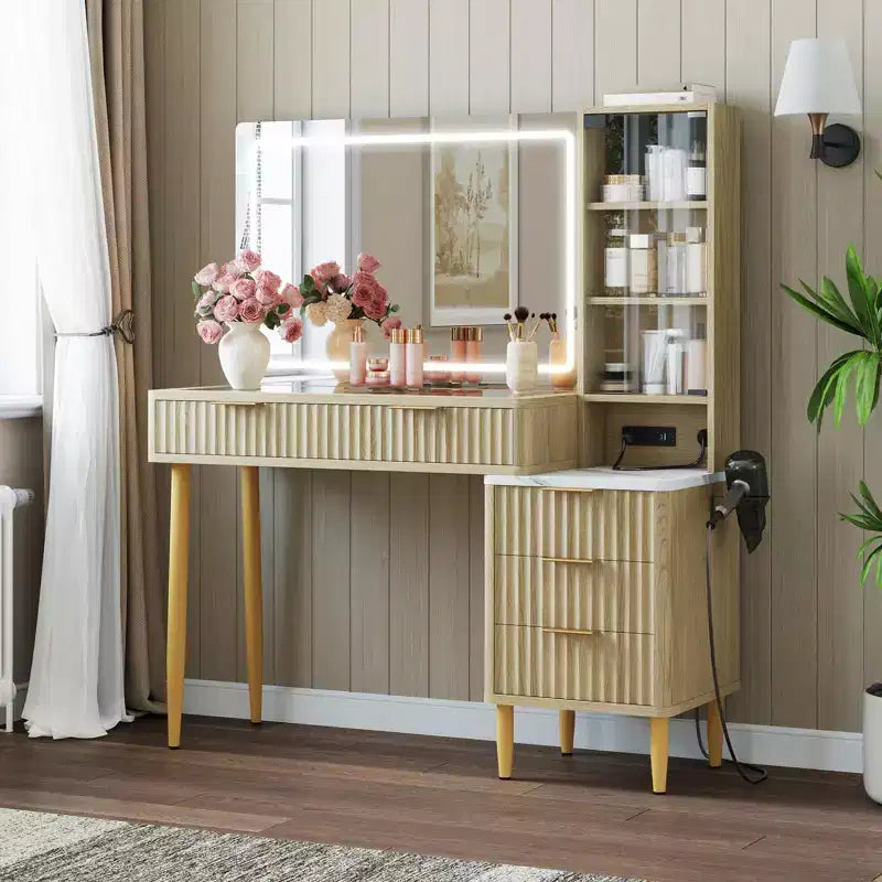 Particle Board LED Dressing Table with Wave Pattern, Durable MDF, Modern Design, Built-In LED Lighting, Spacious Storage