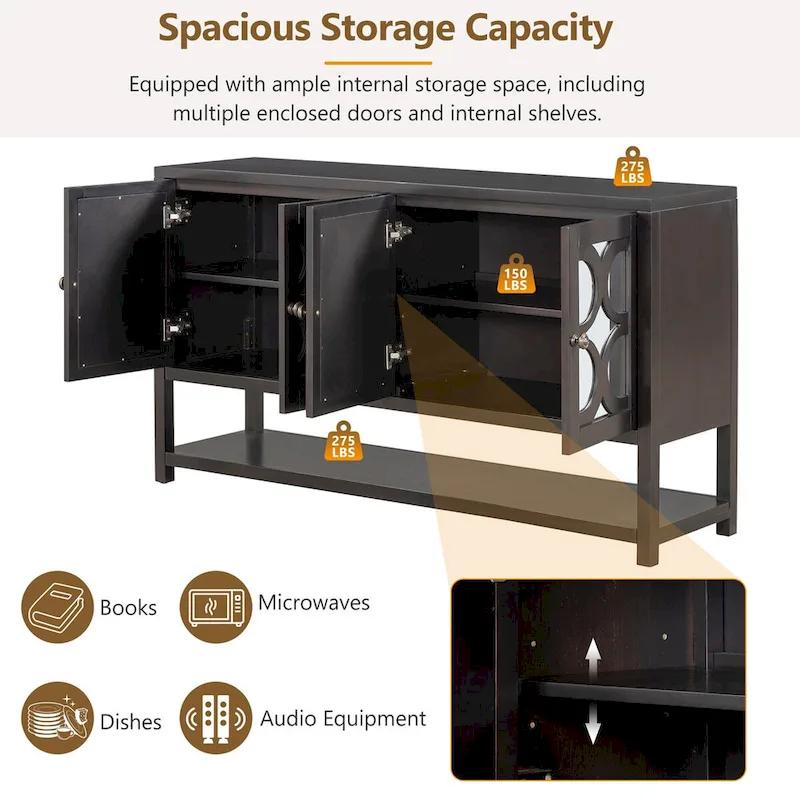 Elegant Retro Console Table,Storage Cabinet,Sideboard with Mirrored Doors, Spacious Shelves, and Durable Acacia Wood Legs