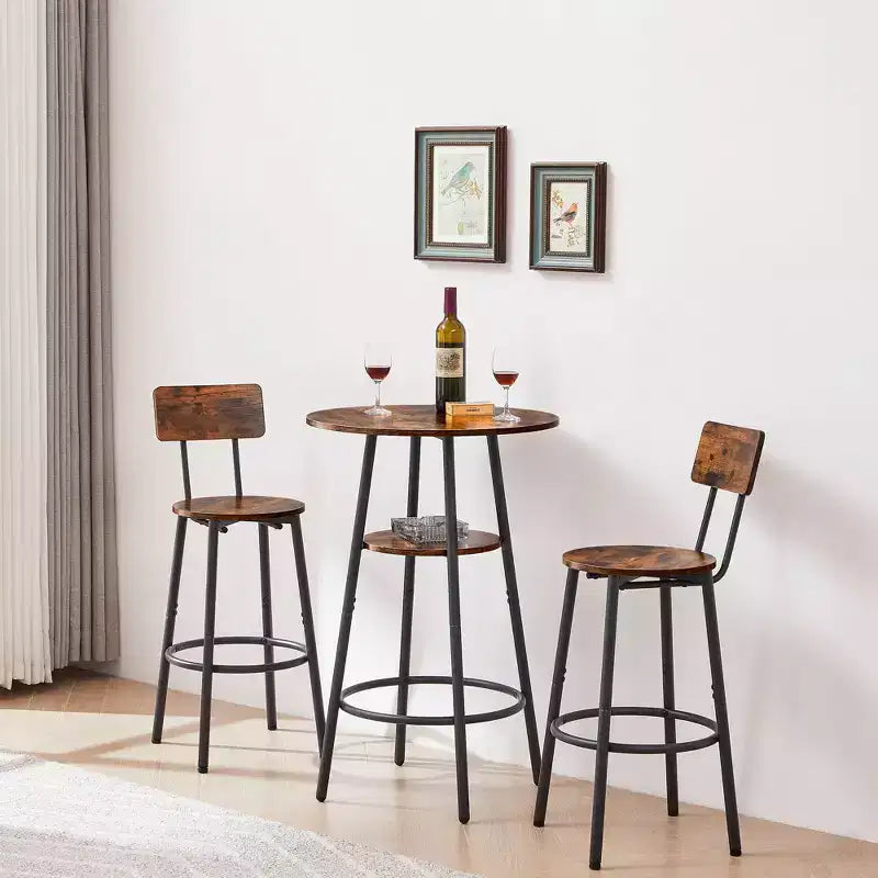 Round Bar Stool Set with Shelves, Rustic Backrest Stools for Home Bar and Kitchen