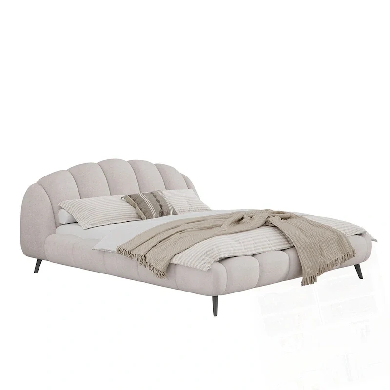 King Size Chenille Upholstered Platform Bed Shell-Shape Design Beds