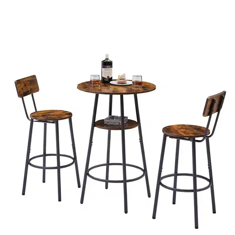 Round Bar Stool Set with Shelves, Rustic Backrest Stools for Home Bar and Kitchen