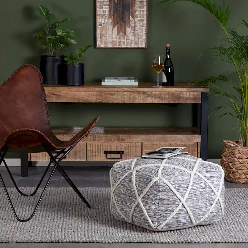 22-Inch Round Pouf Ottoman – Blue & Ivory / Tan & Ivory / Gray & Ivory, 1-Person Footrest & Extra Seat