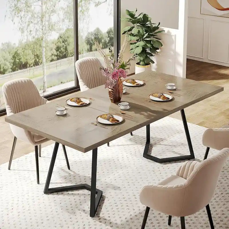 Natural Wood Tone Rectangle Dining Table with Metal Frame for 2–4 Person, 55