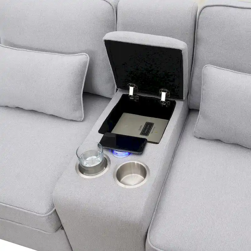 114.2 Upholstered Sofa with Console, Cup Holders and USB Charging