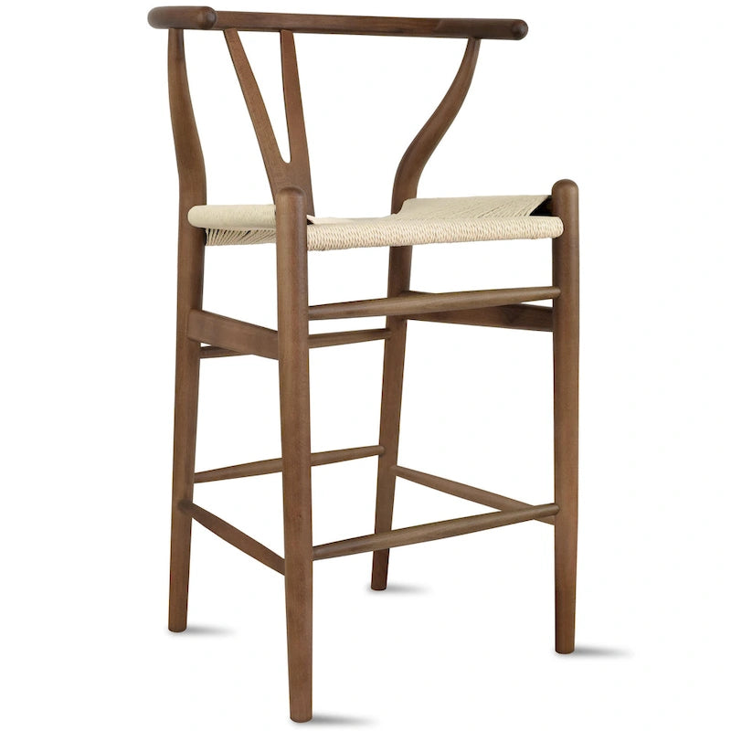 Solid Wood Countertop Height Barstool with Open Y Back, Farmhouse Woven Seat