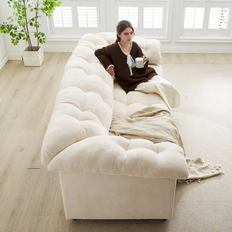 99-Inch Deep Seat Sofa – Yellow / Beige / Grey / Green, Chenille, Solid Wood Frame, Seats 3